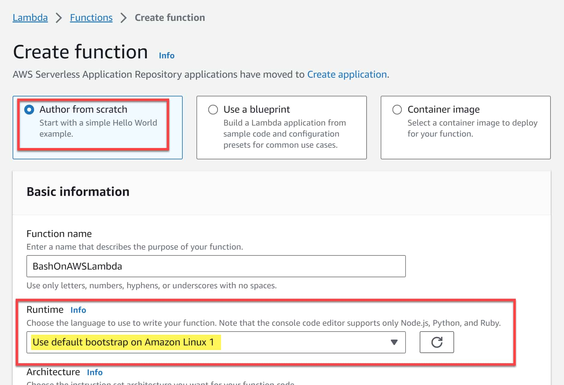 Lambda function with the "Author from scratch" option and "Use default bootstrap on Amazon Linux 1" as runtime